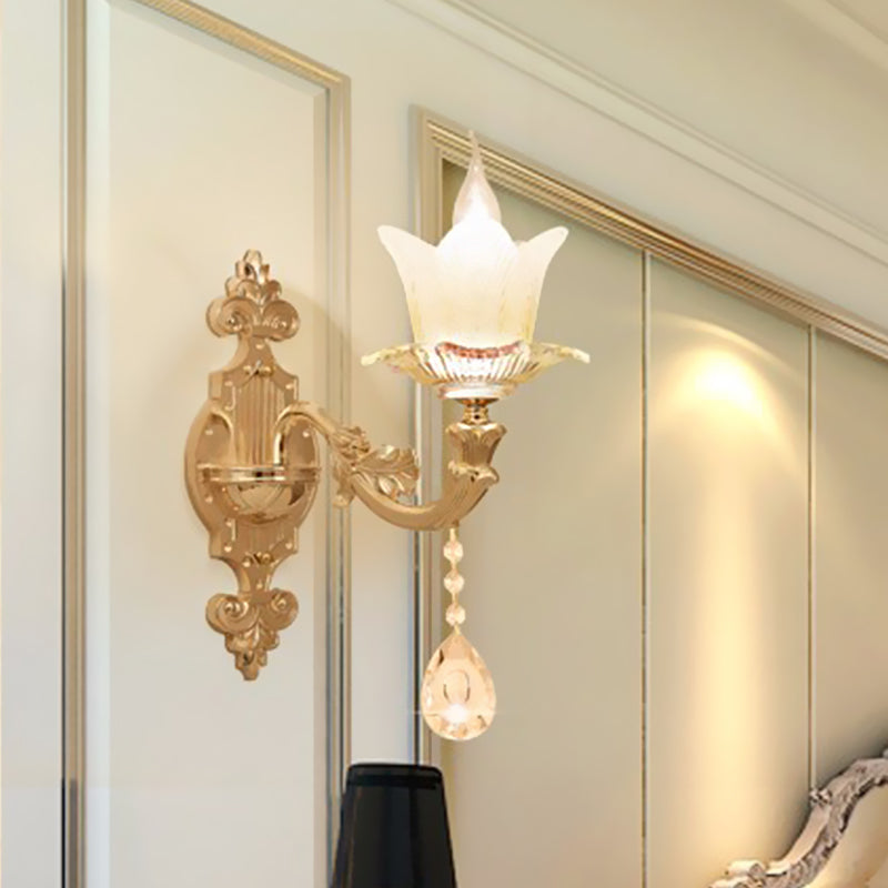 Scalloped Bedside Wall Lamp Traditional Frosted Glass 1/2-Bulb Gold Sconce Light Fixture Clearhalo 'Wall Lamps & Sconces' 'Wall Lights' Lighting' 1063112