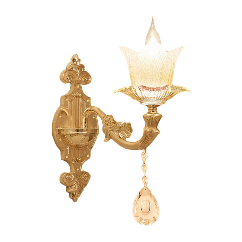 Scalloped Bedside Wall Lamp Traditional Frosted Glass 1/2-Bulb Gold Sconce Light Fixture Clearhalo 'Wall Lamps & Sconces' 'Wall Lights' Lighting' 1063113