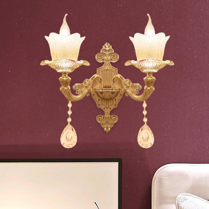 Scalloped Bedside Wall Lamp Traditional Frosted Glass 1/2-Bulb Gold Sconce Light Fixture Clearhalo 'Wall Lamps & Sconces' 'Wall Lights' Lighting' 1063116