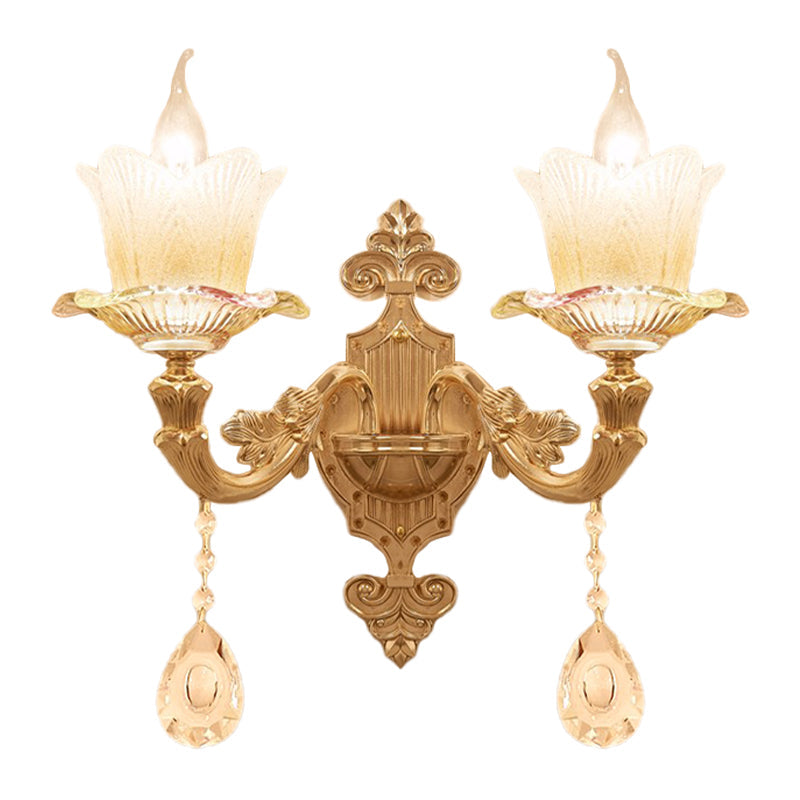 Scalloped Bedside Wall Lamp Traditional Frosted Glass 1/2-Bulb Gold Sconce Light Fixture Clearhalo 'Wall Lamps & Sconces' 'Wall Lights' Lighting' 1063118