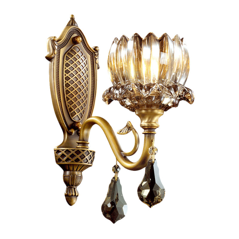 Lotus Amber Glass Wall Light Antique 1 Head Living Room Wall Sconce with Crystal Pendalogues in Brass Clearhalo 'Wall Lamps & Sconces' 'Wall Lights' Lighting' 1063126