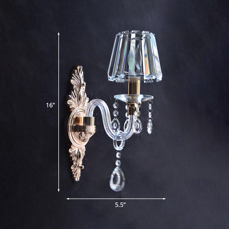 Clear Prismatic Crystal Cone Wall Lamp Vintage 1 Bulb Family Room Wall Light Fixture with Curved Tube Glass Arm Clearhalo 'Wall Lamps & Sconces' 'Wall Lights' Lighting' 1063131