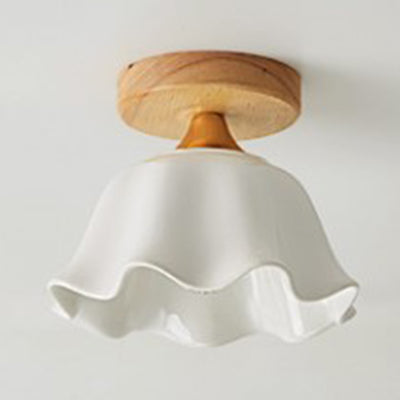 White Shade Cone/Scalloped Ceiling Mount Light with Wooden Canopy One Light Modern Glass Ceiling Lamp for Foyer Clearhalo 'Ceiling Lights' 'Close To Ceiling Lights' 'Close to ceiling' 'Glass shade' 'Glass' 'Semi-flushmount' Lighting' 110960