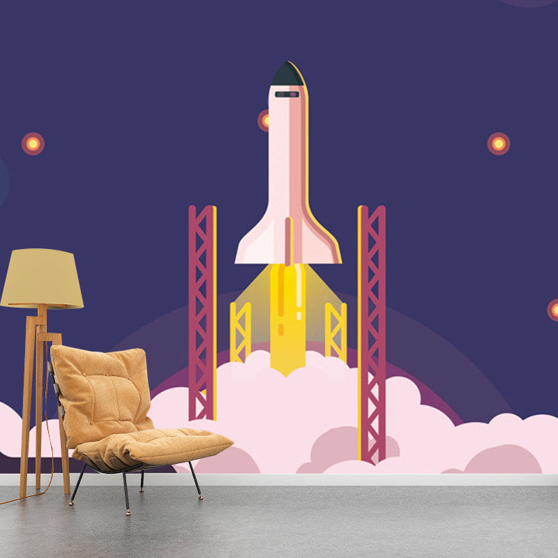 Big Planet and Rocket Mural Wallpaper for Children Stars Wall Decor in Purple, Stain-Resistant Clearhalo 'Wall Decor' 'Wall Mural' 1112745