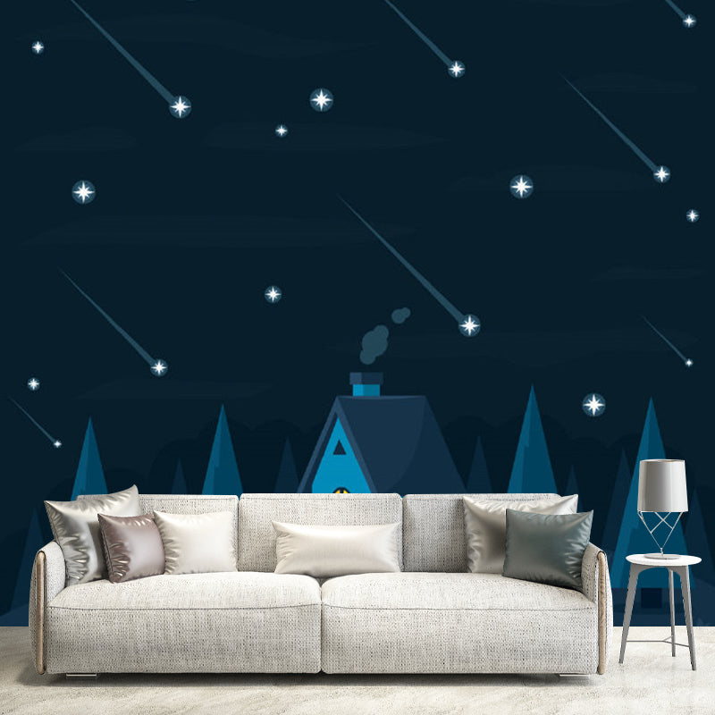 Full Illustration Stars Wall Mural for Children's Bedroom in Dark Blue, Personalized Size Available Blue Clearhalo 'Wall Decor' 'Wall Mural' 1112754