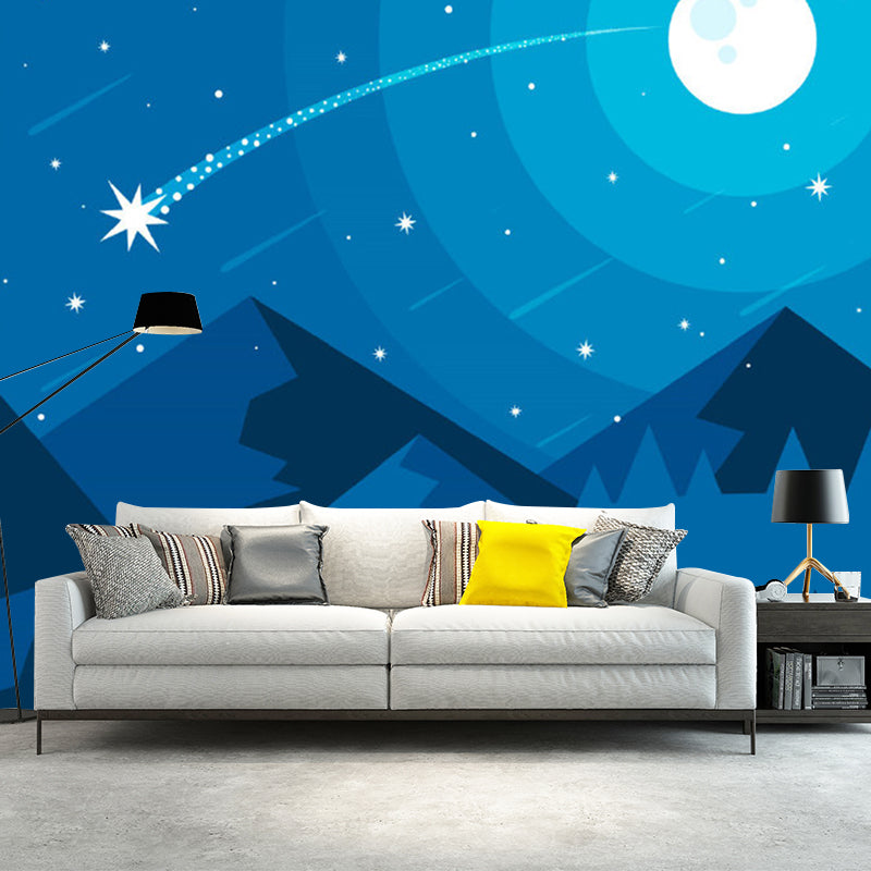 Decorative Moon and Mountain Mural Wallpaper Non-Woven Fabric Nordic Wall Covering for Kid's Bedroom Blue Clearhalo 'Wall Decor' 'Wall Mural' 1112759