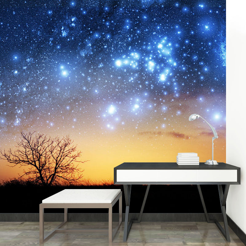 Orange and Blue Nordic Wall Covering Customized Size Starry Sky and Forest Wall Mural for Guest Room Orange-Blue Clearhalo 'Wall Decor' 'Wall Mural' 1112824