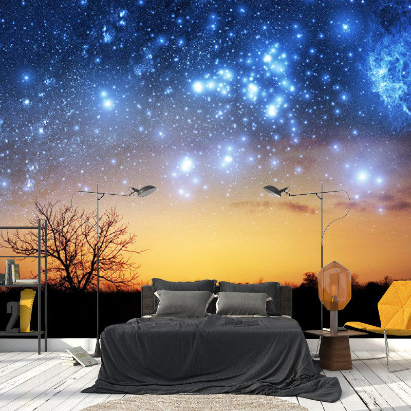 Orange and Blue Nordic Wall Covering Customized Size Starry Sky and Forest Wall Mural for Guest Room Clearhalo 'Wall Decor' 'Wall Mural' 1112825