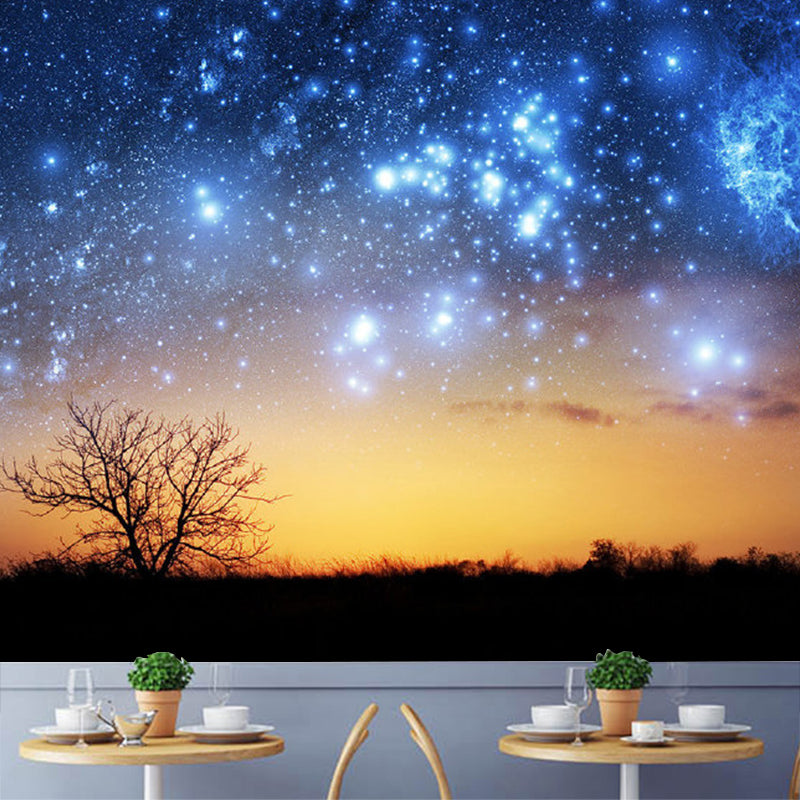 Orange and Blue Nordic Wall Covering Customized Size Starry Sky and Forest Wall Mural for Guest Room Clearhalo 'Wall Decor' 'Wall Mural' 1112826