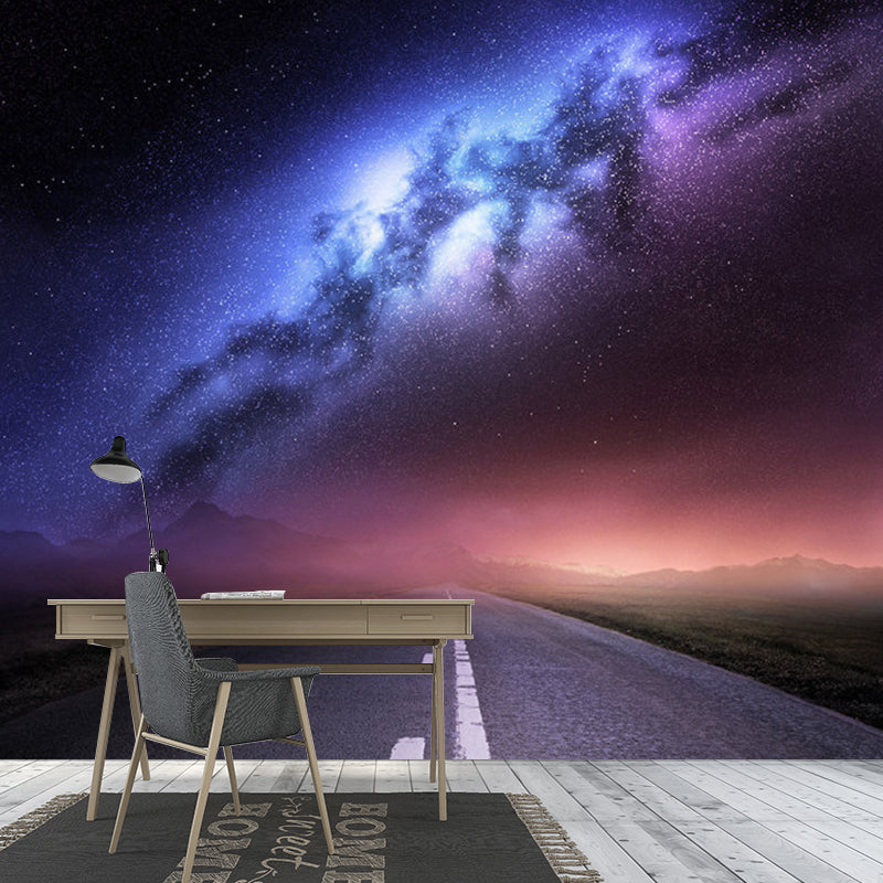 Road and Galaxy Mural Wallpaper for Bedroom Modern Wall Decor in Purple, Customized Size Available Purple Clearhalo 'Wall Decor' 'Wall Mural' 1112834