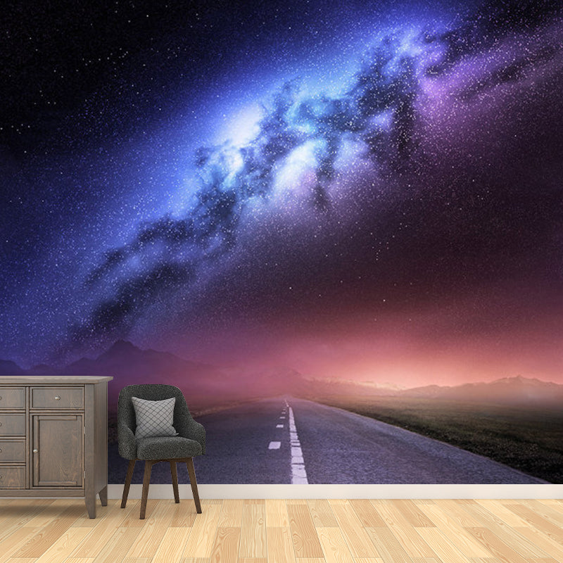 Road and Galaxy Mural Wallpaper for Bedroom Modern Wall Decor in Purple, Customized Size Available Clearhalo 'Wall Decor' 'Wall Mural' 1112836