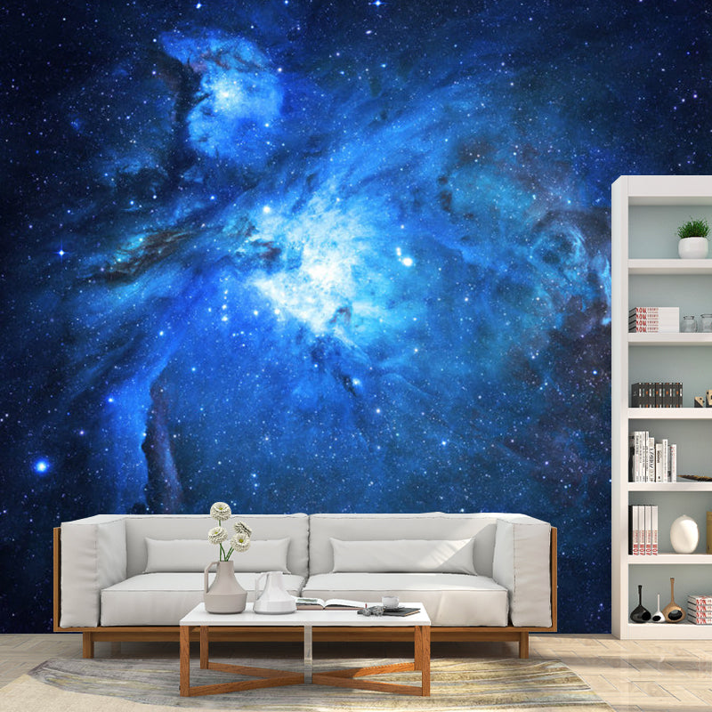 Whole Illustration Style Mural Wallpaper for Living Room with Nebula Design in Blue Blue Clearhalo 'Wall Decor' 'Wall Mural' 1114029