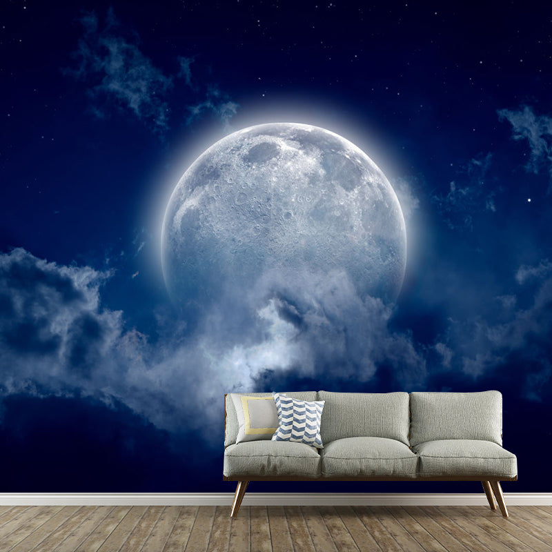 Nordic Moon and Cloud Mural for Bedroom Decor, Customized Size Wall Covering in Blue Blue Clearhalo 'Wall Decor' 'Wall Mural' 1114089