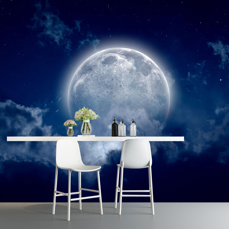 Nordic Moon and Cloud Mural for Bedroom Decor, Customized Size Wall Covering in Blue Clearhalo 'Wall Decor' 'Wall Mural' 1114090