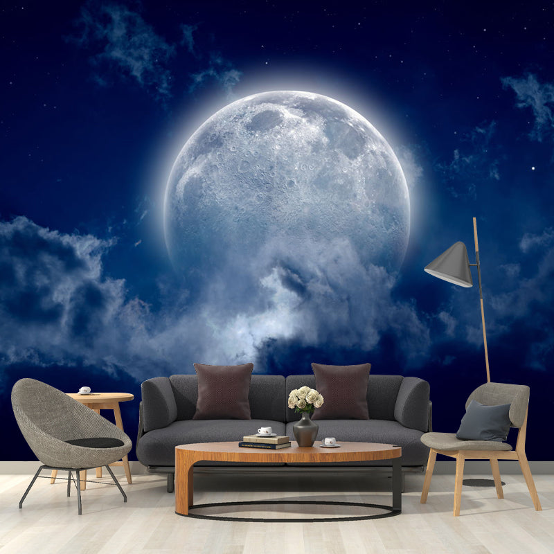 Nordic Moon and Cloud Mural for Bedroom Decor, Customized Size Wall Covering in Blue Clearhalo 'Wall Decor' 'Wall Mural' 1114091