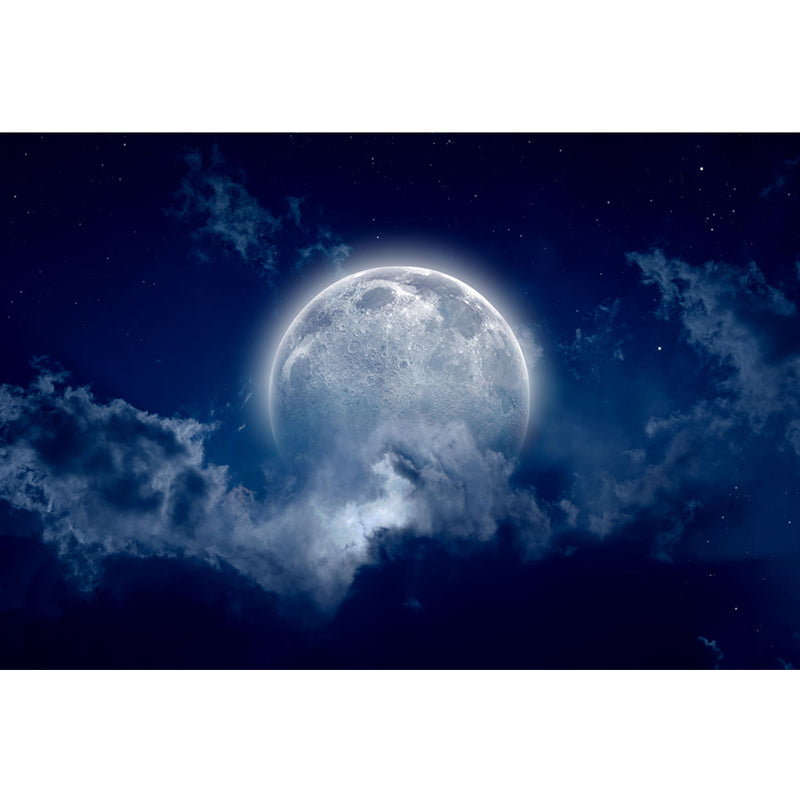 Nordic Moon and Cloud Mural for Bedroom Decor, Customized Size Wall Covering in Blue Clearhalo 'Wall Decor' 'Wall Mural' 1114092