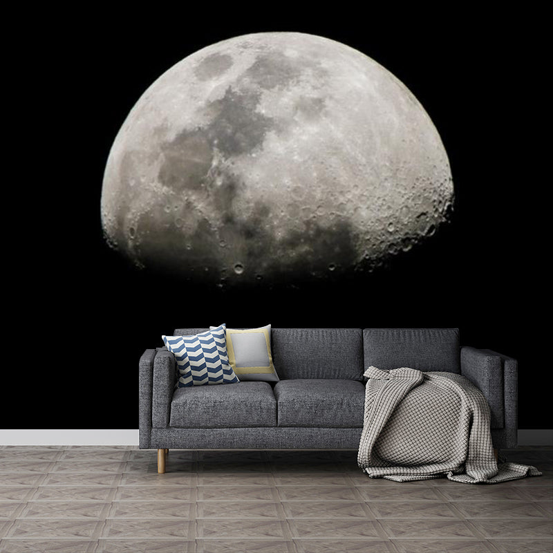 Extra Large Photography Wall Mural for Accent Wall with Moon Design in Black and Grey Black-Gray Clearhalo 'Wall Decor' 'Wall Mural' 1114099