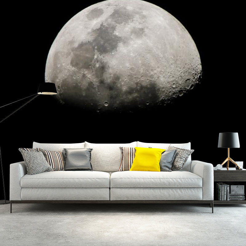 Extra Large Photography Wall Mural for Accent Wall with Moon Design in Black and Grey Clearhalo 'Wall Decor' 'Wall Mural' 1114101