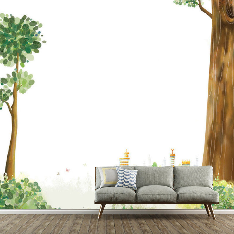 Green Minimalist Mural Wallpaper Full Size Cartoon Trees Wall Covering for Children Clearhalo 'Wall Decor' 'Wall Mural' 1114105