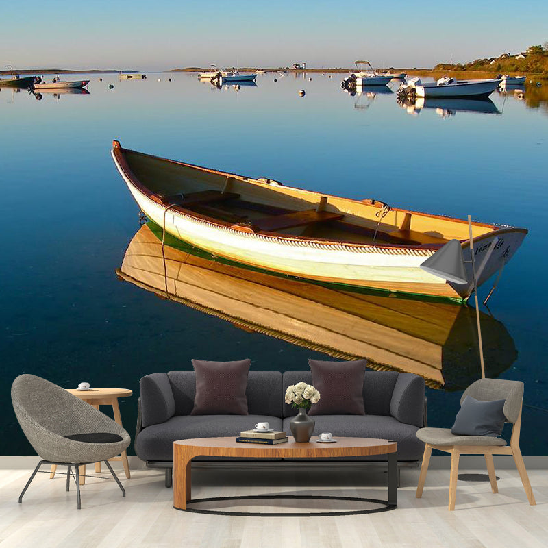 Boat and Lake Mural Wallpaper for Accent Wall Natural Scenery Wall Art in Blue and Brown, Made to Measure Blue-Brown Clearhalo 'Wall Decor' 'Wall Mural' 1114114