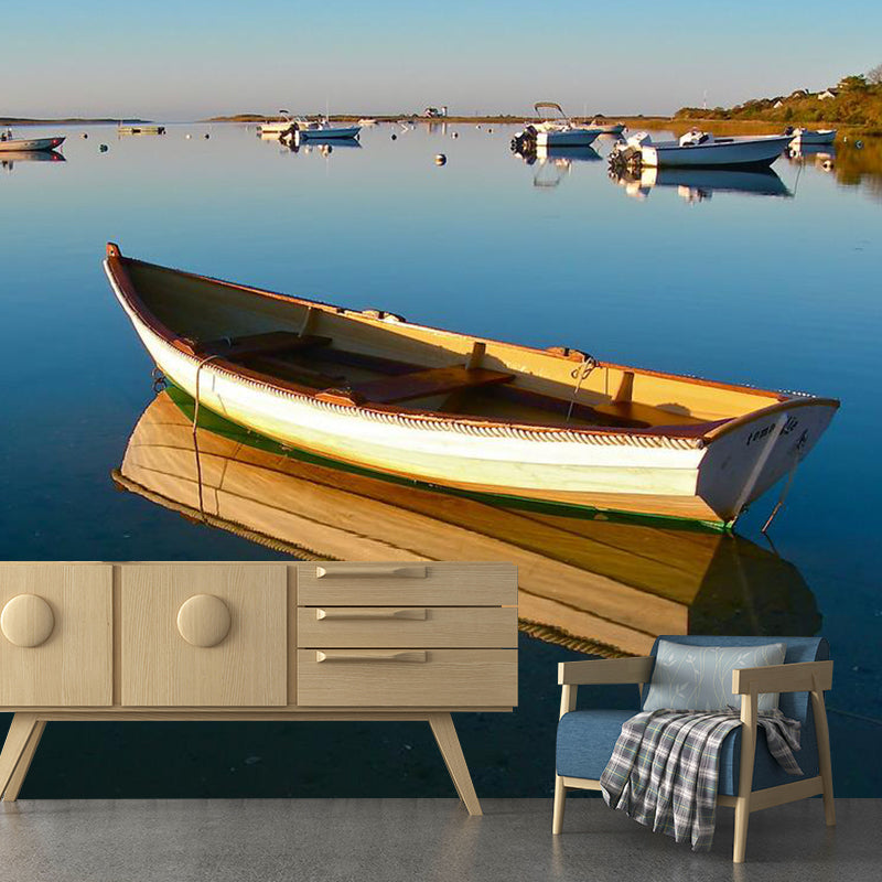 Boat and Lake Mural Wallpaper for Accent Wall Natural Scenery Wall Art in Blue and Brown, Made to Measure Clearhalo 'Wall Decor' 'Wall Mural' 1114116