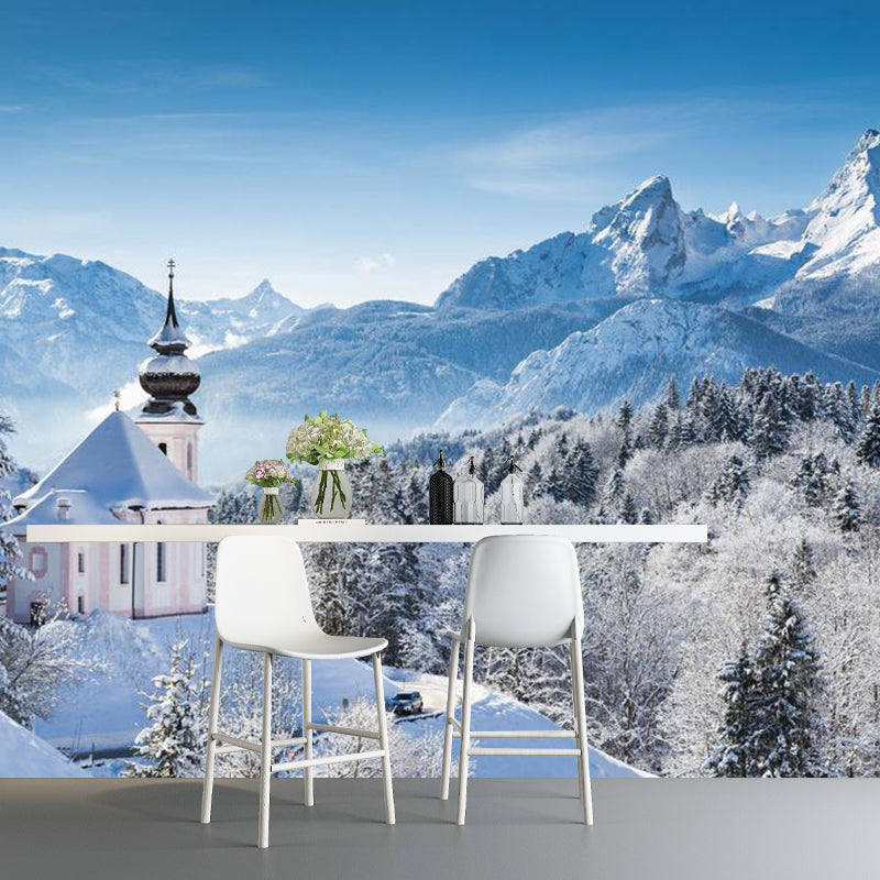 Big Photography Snowy Mountain Mural Wallpaper for Guest Room Decor in Blue and White, Made to Measure Blue-White Clearhalo 'Wall Decor' 'Wall Mural' 1114119