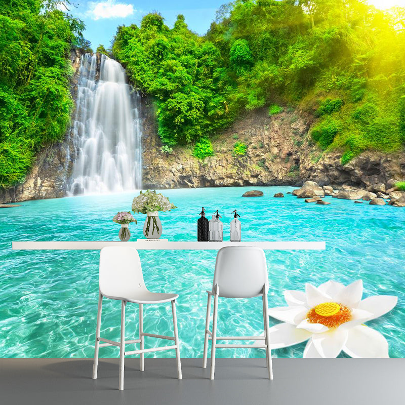 Full Simplicity Wall Mural Decal in Green and Blue Lake and Waterfall Wall Covering, Custom-Made Green Clearhalo 'Wall Decor' 'Wall Mural' 1114129