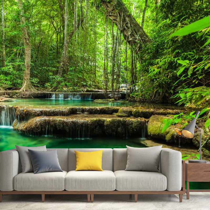 Fresh Jungle and Water Mural for Living Room Natural Scene Wall Art in Green, Made to Measure Green Clearhalo 'Wall Decor' 'Wall Mural' 1114144