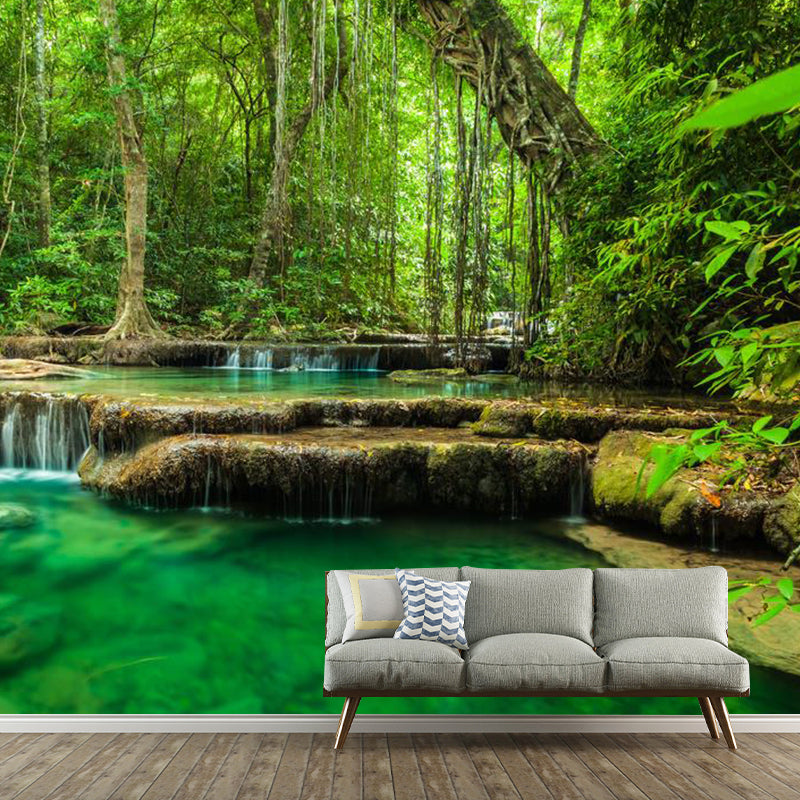 Fresh Jungle and Water Mural for Living Room Natural Scene Wall Art in Green, Made to Measure Clearhalo 'Wall Decor' 'Wall Mural' 1114145