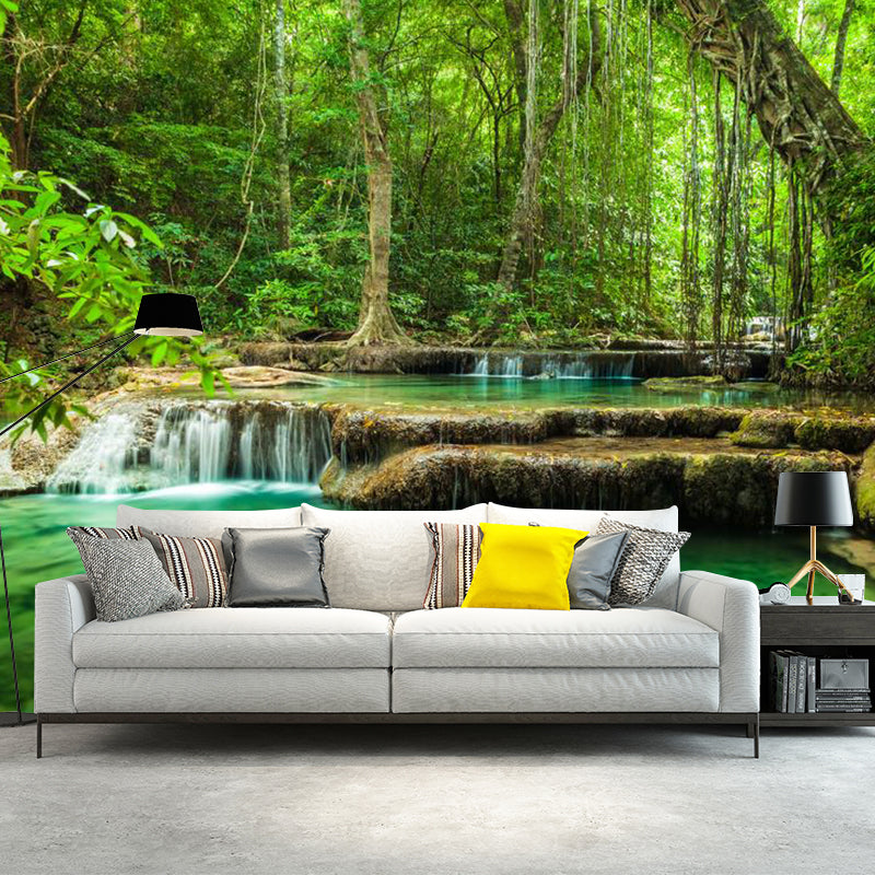 Fresh Jungle and Water Mural for Living Room Natural Scene Wall Art in Green, Made to Measure Clearhalo 'Wall Decor' 'Wall Mural' 1114146