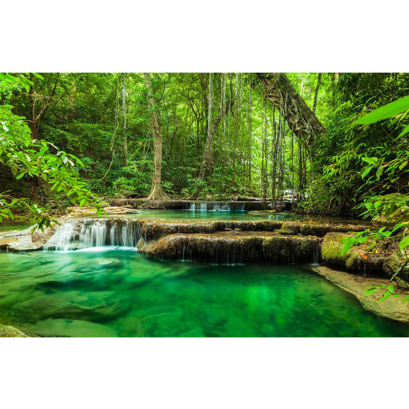 Fresh Jungle and Water Mural for Living Room Natural Scene Wall Art in Green, Made to Measure Clearhalo 'Wall Decor' 'Wall Mural' 1114147