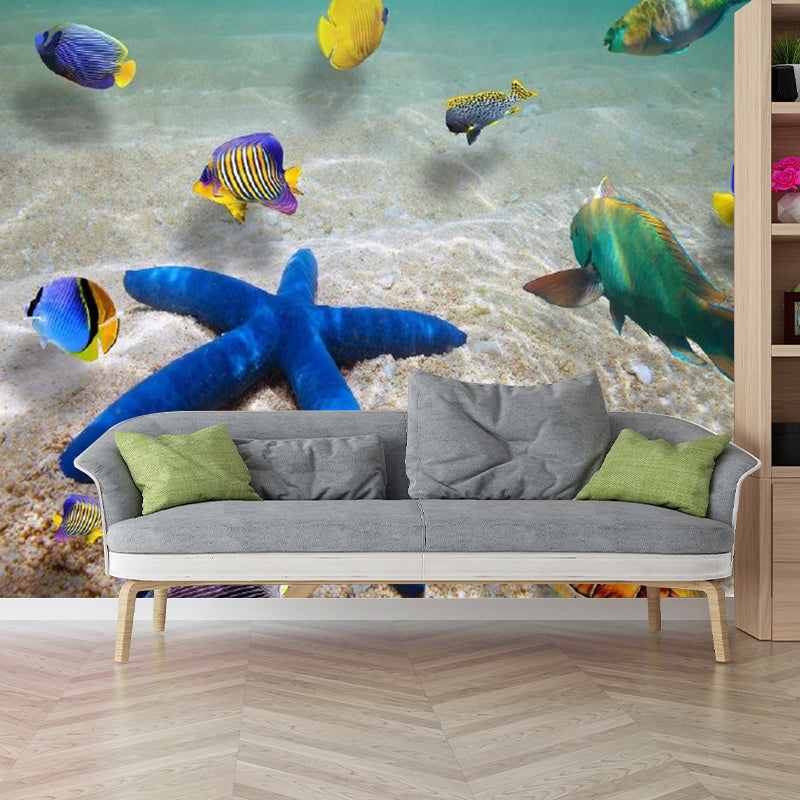 Whole Undersea Animal Mural Wallpaper in Blue and Brown Non-Woven Wall Covering for Home Decor, Custom-Printed Blue-Brown Clearhalo 'Wall Decor' 'Wall Mural' 1114154