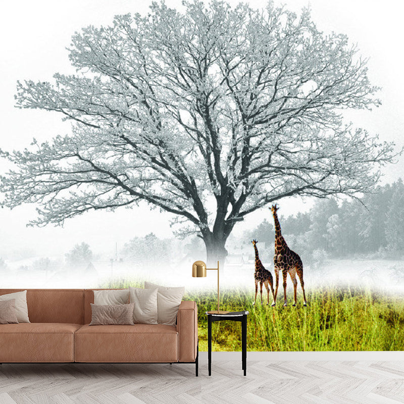 Simple Giraffe and Tree Mural in Blue and Green Home Decorative Wall Covering, Made to Measure Clearhalo 'Wall Decor' 'Wall Mural' 1114161