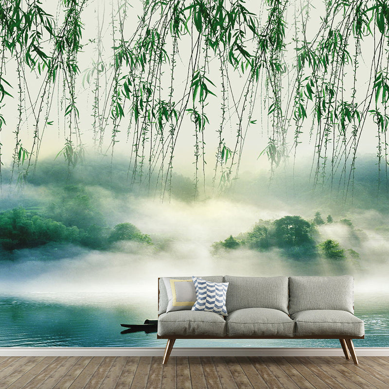 Green Willow and Lake Mural Wallpaper Stain-Resistant Wall Art for Guest Room Decoration Green Clearhalo 'Wall Decor' 'Wall Mural' 1114164