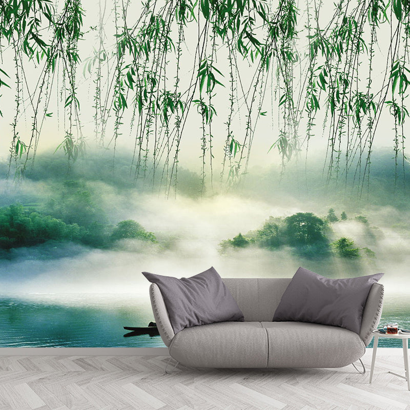 Green Willow and Lake Mural Wallpaper Stain-Resistant Wall Art for Guest Room Decoration Clearhalo 'Wall Decor' 'Wall Mural' 1114165