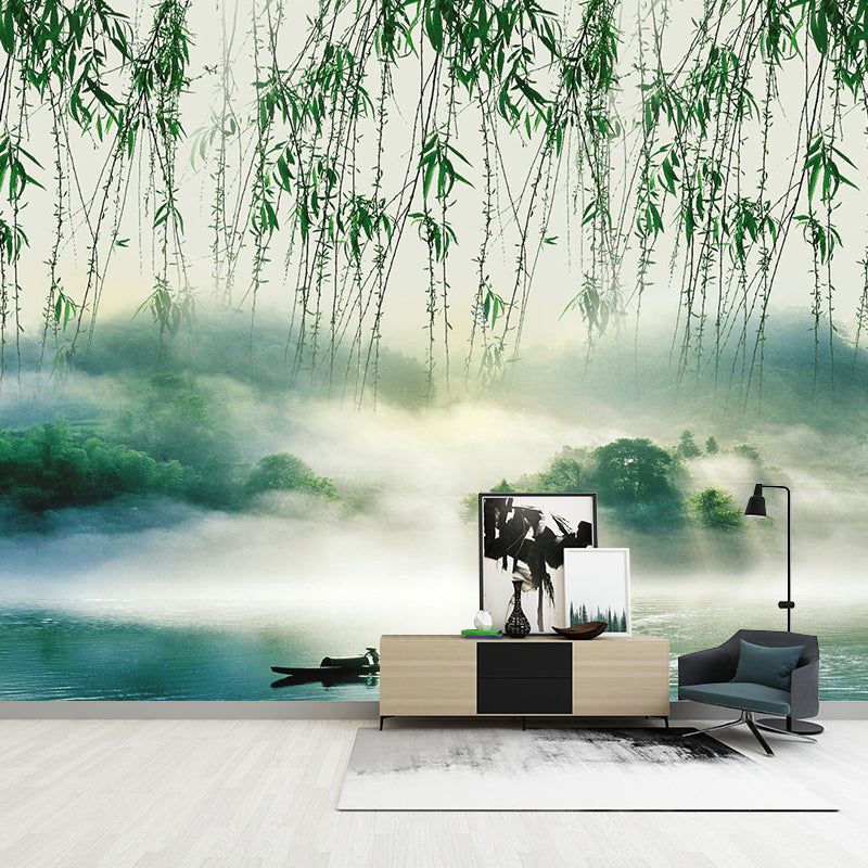 Green Willow and Lake Mural Wallpaper Stain-Resistant Wall Art for Guest Room Decoration Clearhalo 'Wall Decor' 'Wall Mural' 1114166