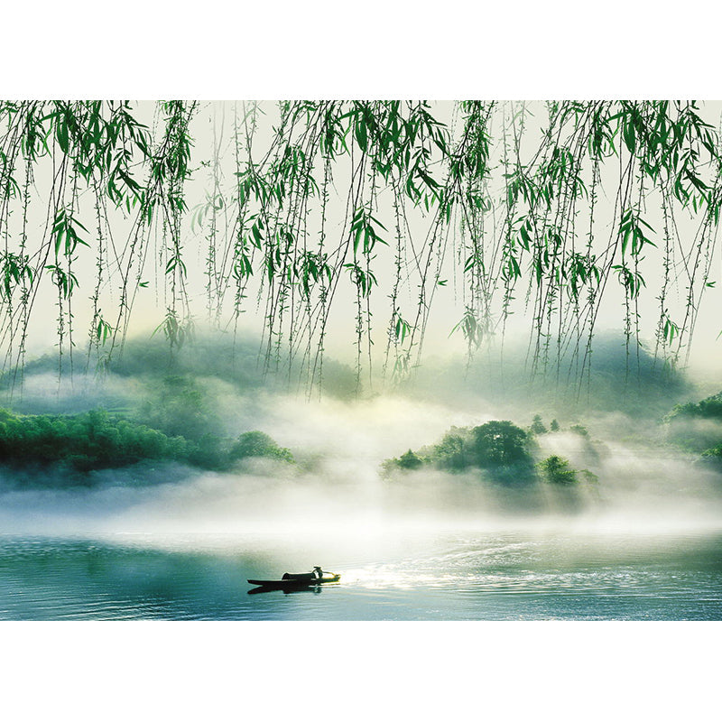 Green Willow and Lake Mural Wallpaper Stain-Resistant Wall Art for Guest Room Decoration Clearhalo 'Wall Decor' 'Wall Mural' 1114167