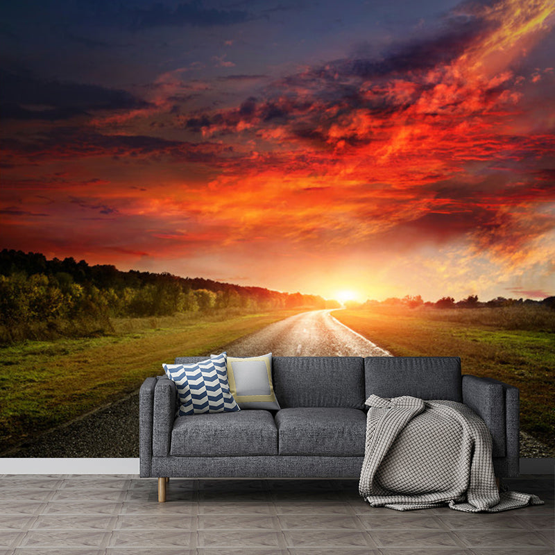 Dusk and Road Wall Art in Red and Grey Non-Woven Fabric Wall Mural Decal for Home, Custom Size Available Red-Gray Clearhalo 'Wall Decor' 'Wall Mural' 1114174