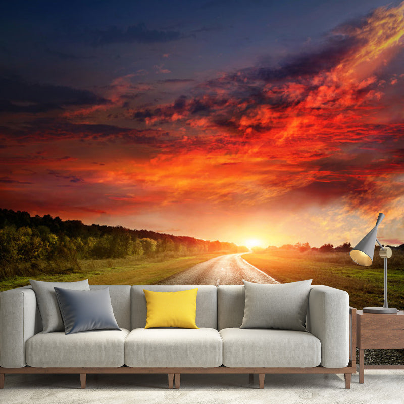 Dusk and Road Wall Art in Red and Grey Non-Woven Fabric Wall Mural Decal for Home, Custom Size Available Clearhalo 'Wall Decor' 'Wall Mural' 1114175