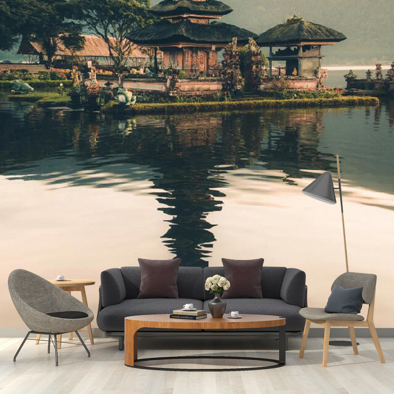 Photo Pagoda and Lake Mural Wallpaper Full Size Wall Art for Guest Room, Custom Size Available Green Clearhalo 'Wall Decor' 'Wall Mural' 1114229