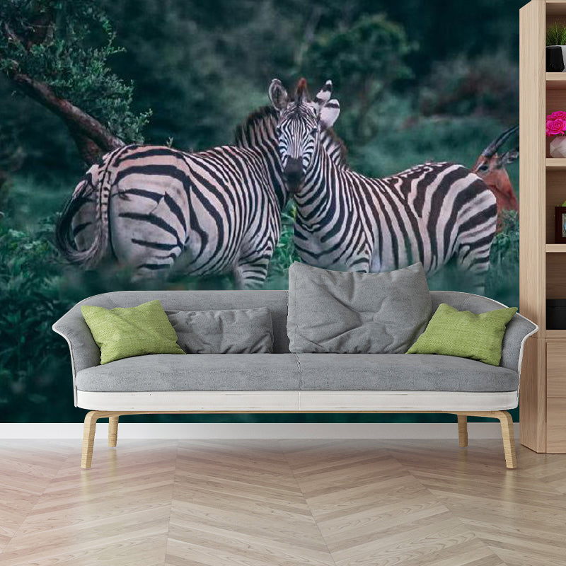 Full Modern Wall Mural Decal in Green Double Zebras Wall Covering, Personalized Size Available Green Clearhalo 'Wall Decor' 'Wall Mural' 1114234