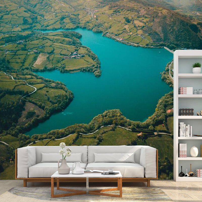 Mountain and Lake Mural Wallpaper for Living Room, Aqua, Personalized Size Available Aqua Clearhalo 'Wall Decor' 'Wall Mural' 1114254