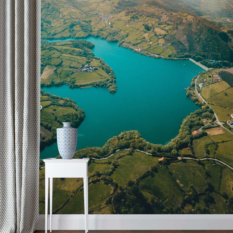 Mountain and Lake Mural Wallpaper for Living Room, Aqua, Personalized Size Available Clearhalo 'Wall Decor' 'Wall Mural' 1114256