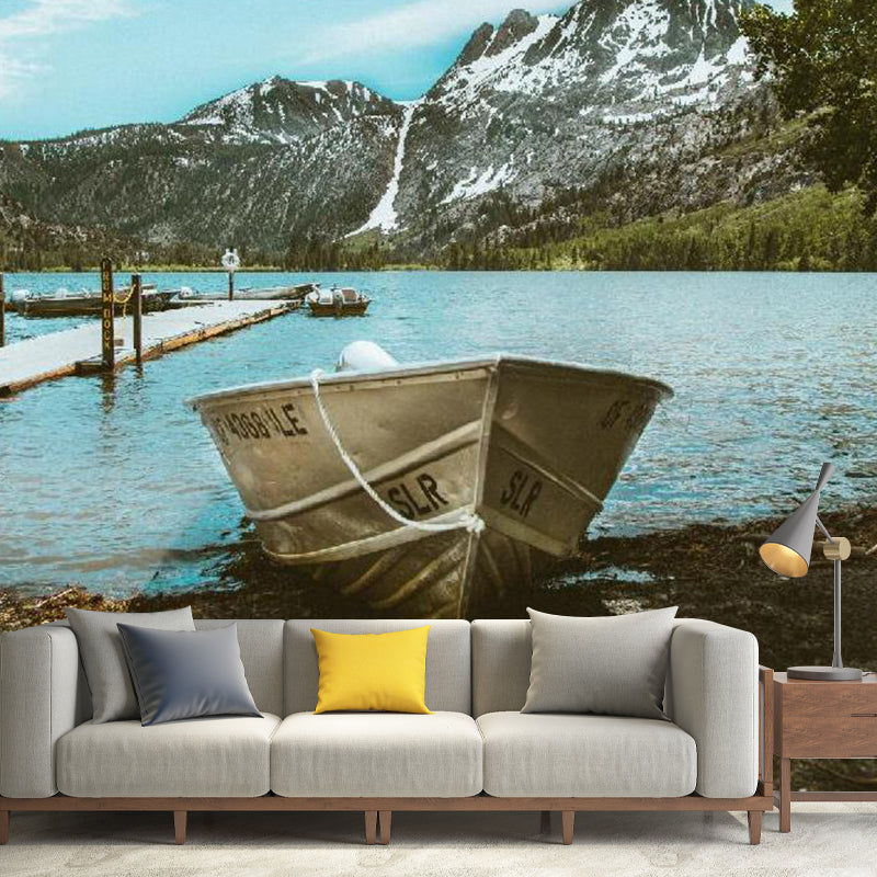 Nordic Mountain and Boat Mural in Aqua Guest Room Decorative Wall Art, Made to Measure Aqua Clearhalo 'Wall Decor' 'Wall Mural' 1114264