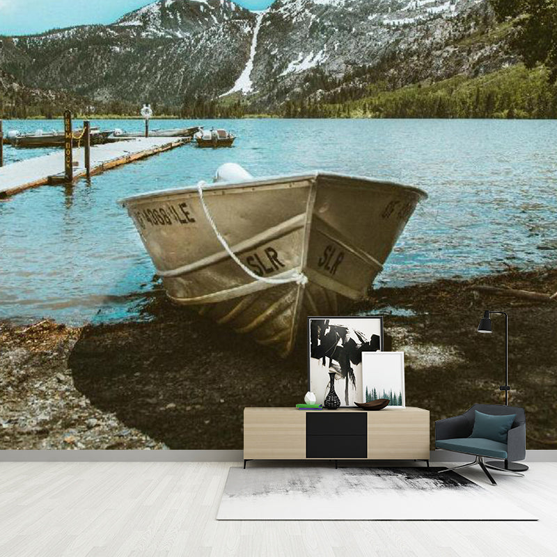 Nordic Mountain and Boat Mural in Aqua Guest Room Decorative Wall Art, Made to Measure Clearhalo 'Wall Decor' 'Wall Mural' 1114265