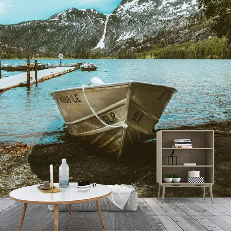 Nordic Mountain and Boat Mural in Aqua Guest Room Decorative Wall Art, Made to Measure Clearhalo 'Wall Decor' 'Wall Mural' 1114266