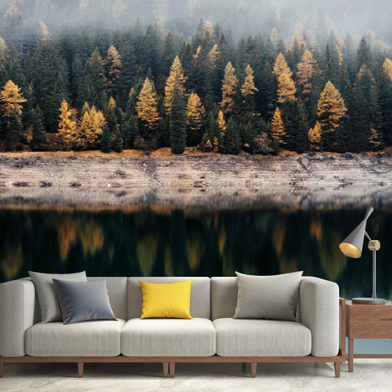 Whole Misty Jungle Wall Mural for Living Room Lake Wall Covering in Yellow and Green, Stain-Resistant Yellow-Green Clearhalo 'Wall Decor' 'Wall Mural' 1114284