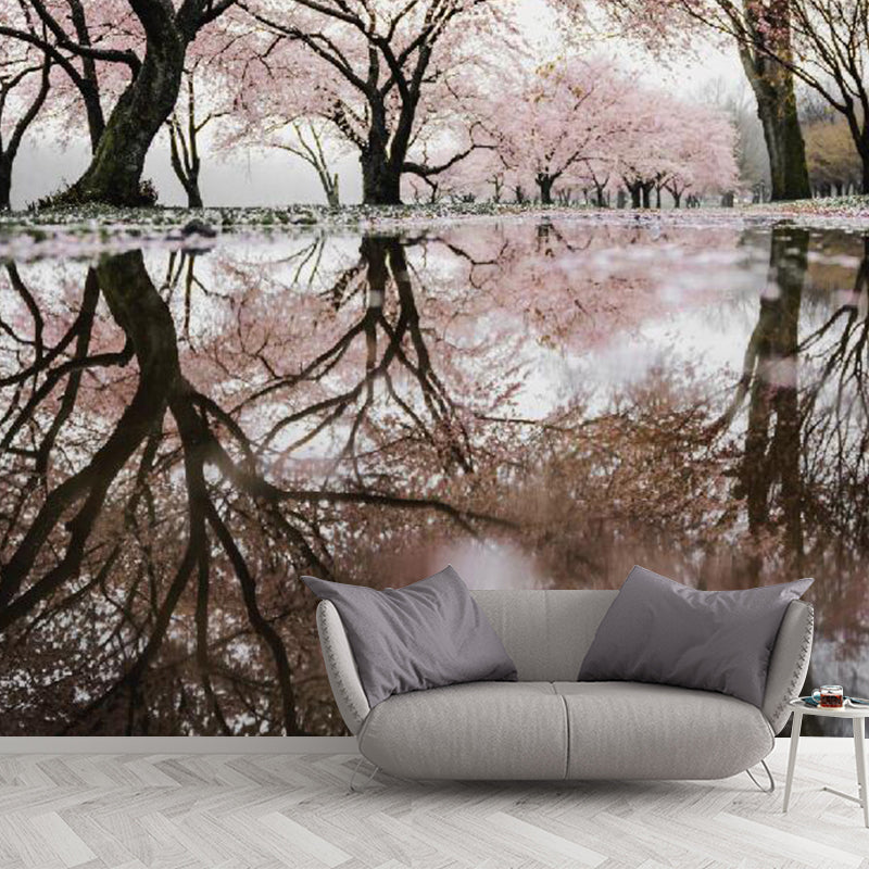 Full Size Photo Simplicity Mural Wallpaper for Accent Wall with Sakura Blossom Design in Pink Pink Clearhalo 'Wall Decor' 'Wall Mural' 1114289