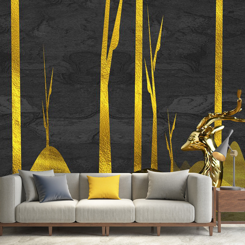 Illustration Elk Deer Mural Wallpaper Full Size Wall Decor for Guest Room, Made to Measure Black-Gold Clearhalo 'Wall Decor' 'Wall Mural' 1114339