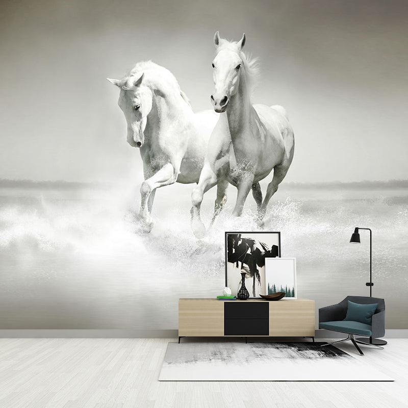 Traditional Galloping Horses Wall Decor for Living Room, Customized Size Wall Mural in Soft Grey Clearhalo 'Wall Decor' 'Wall Mural' 1114345